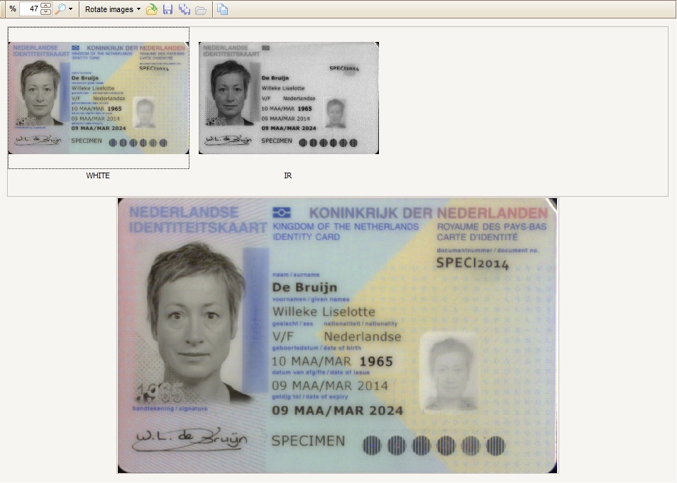 Foto: 1 Resultaat uitlezen voorzijde identiteitskaart in wit- en infrarood licht.