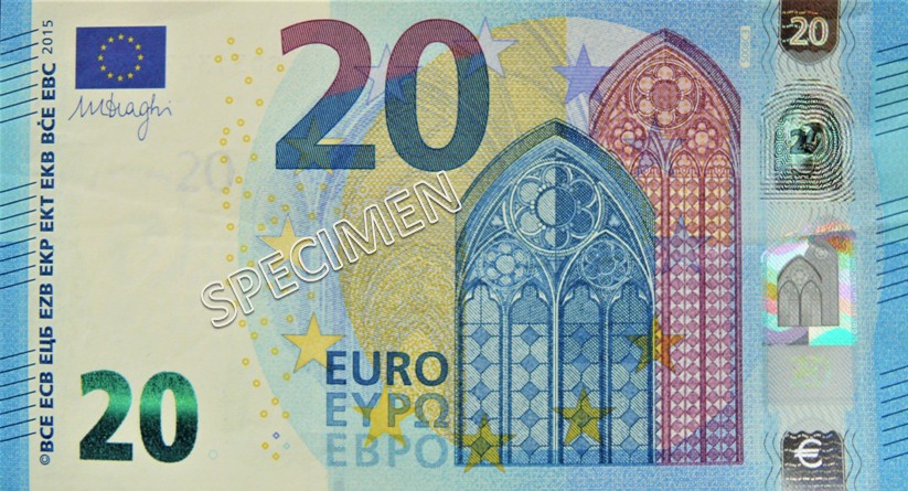 Voorzijde van het 20 Euro biljet, 2e generatie.