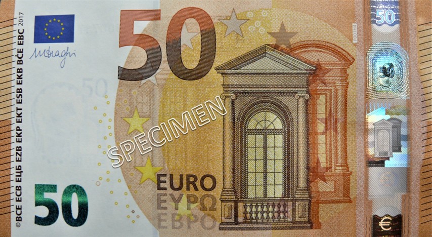 Biljet van 50 Euro 2e generatie met linksonder het groene waardecijfer in Spark®.